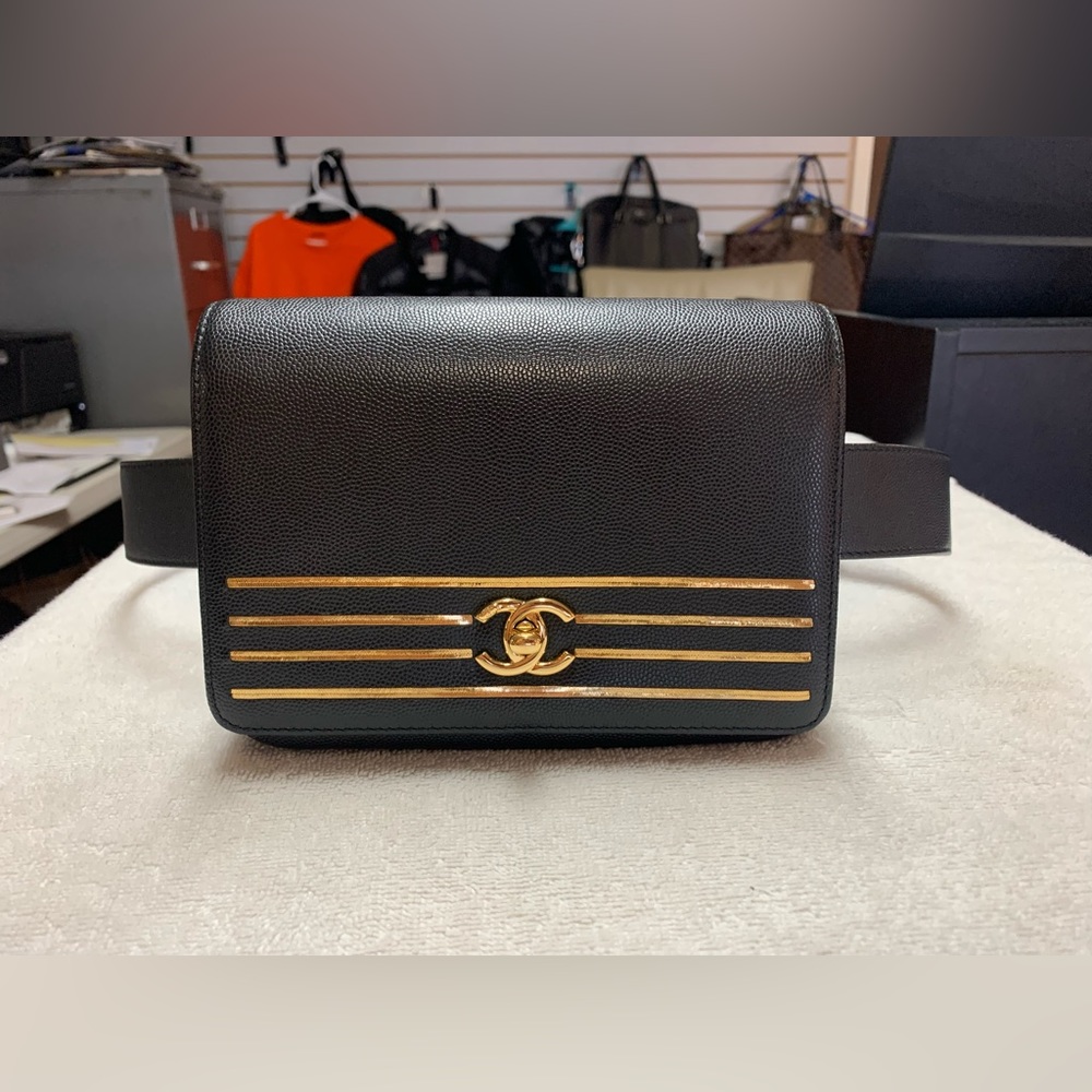 CHANEL Black Caviar Captain Gold Belt Waist Bag